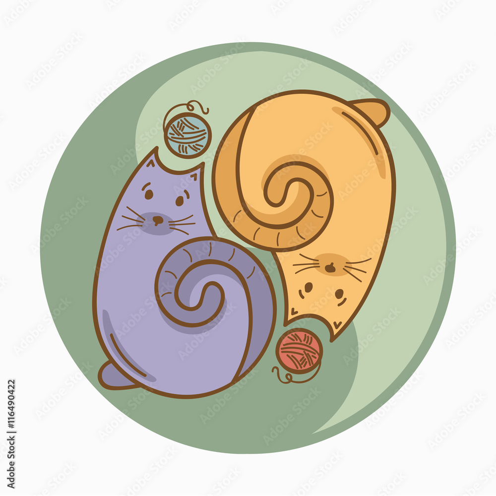 Yin-Yang sign or symbol with cats and wool thread bolls. Pastel colors. Cute and funny style. Vector concept illustration, t-shirt, bag or accessories print for cat lovers and fans. Yin-Yang sign or symbol with cats and wool thread bolls. Pastel colors. Cute and funny style. Vector concept illustration, t-shirt, bag or accessories print for cat lovers and fans.