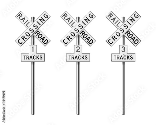 Set of 3 road signs, isolated on white background. Railway. EPS10 vector illustration.
