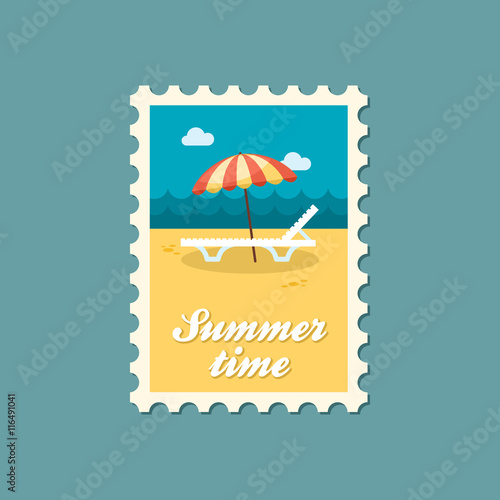 Beach chaise lounge with umbrella stamp. Vacation