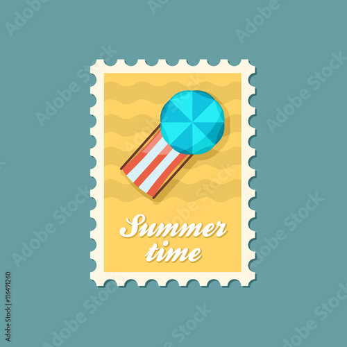 Beach chaise lounge with umbrella stamp. Vacation