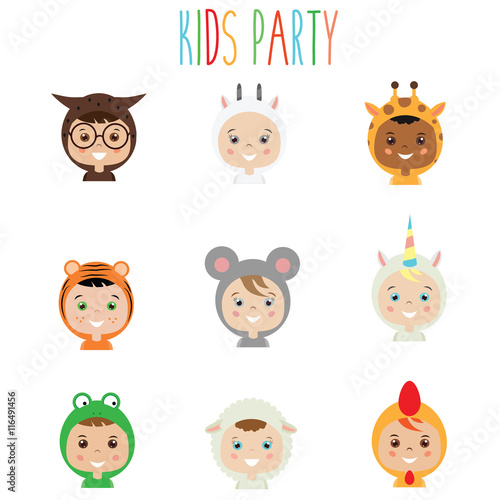 Fototapeta Naklejka Na Ścianę i Meble -  Kids Party Outfit. Children in Animal Carnival Costumes