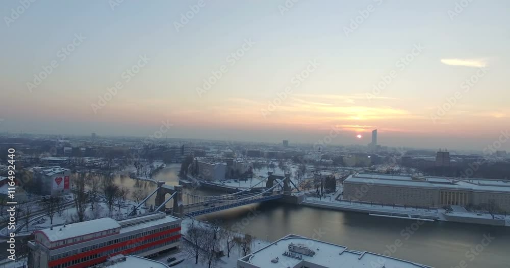 Aerial: Grunwald bridge in Wroclaw during winter, Poland Aerial: Grunwald bridge in Wroclaw during winter, Poland