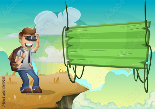 Cartoon vector landscape on the theme of adventures and outdoor recreation with separated layers