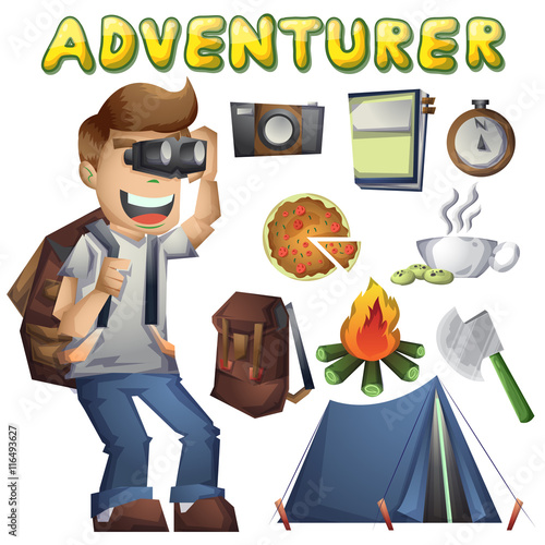 Cartoon vector landscape on the theme of adventures and outdoor recreation with separated layers