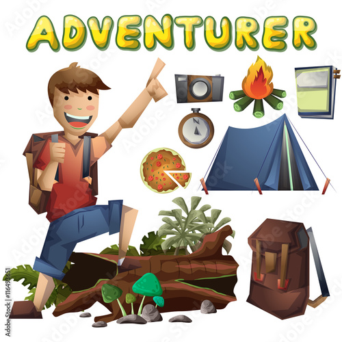 Cartoon vector landscape on the theme of adventures and outdoor recreation with separated layers