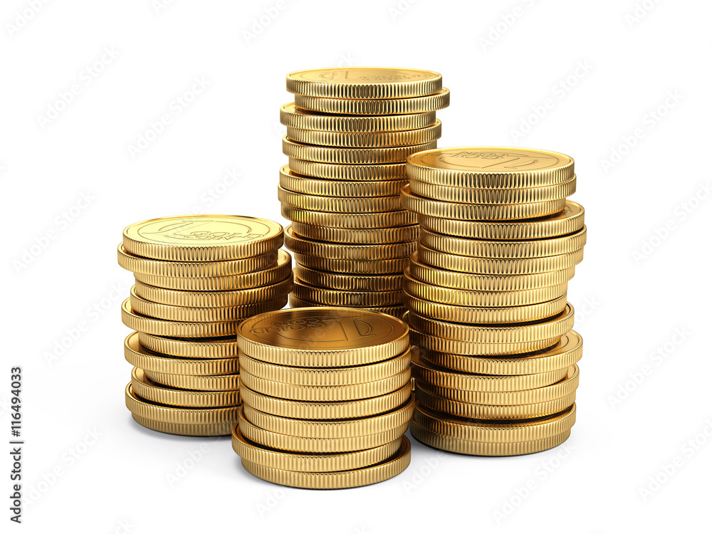 Banking and finance oncept - Gold coins isolated on white background. 3d illustration Banking and finance oncept - Gold coins isolated on white background. 3d illustration