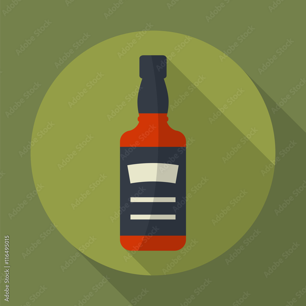 Whiskey bottle round flat icon with long shadows. Serving alcohol. Simple flat vector. Whiskey bottle round flat icon with long shadows. Serving alcohol. Simple flat vector.