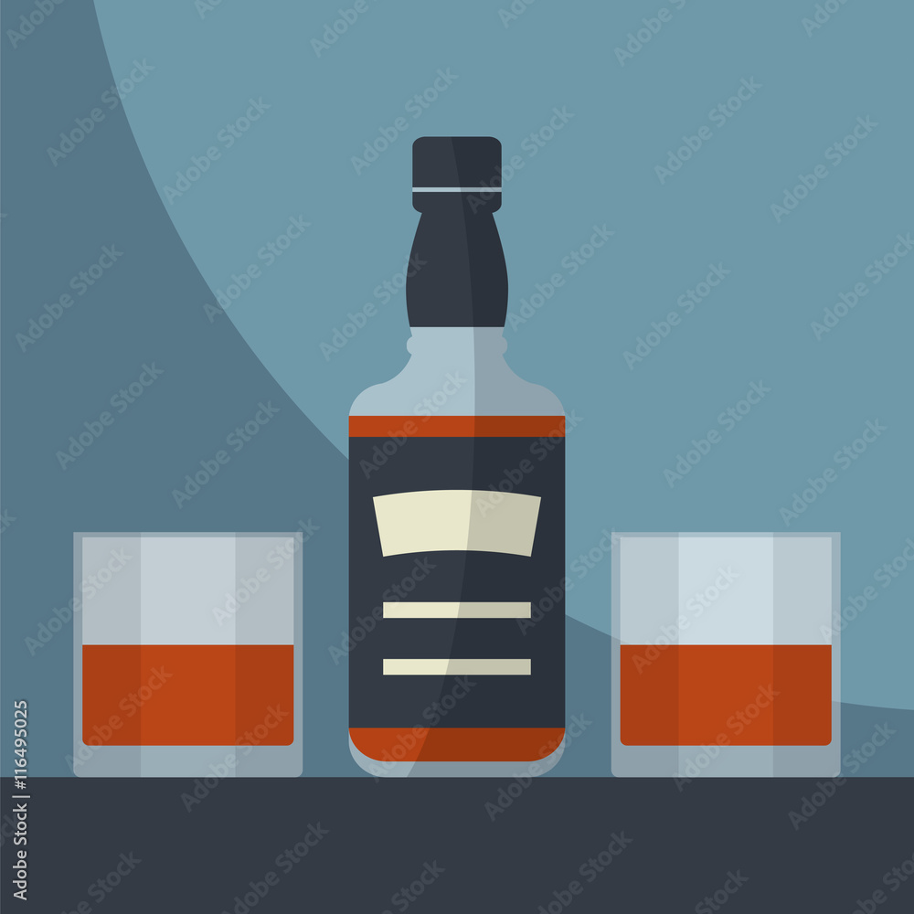 Whiskey bottle with two glasses filled. Serving alcohol. Simple flat vector. Whiskey bottle with two glasses filled. Serving alcohol. Simple flat vector.