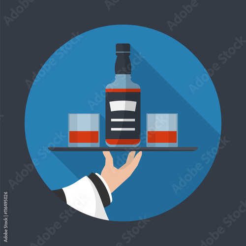 Waiter with whiskey  bottle and  two glasses  and tray on outstretched arm. Drinks Service icon with long shadow. Simple flat vector.