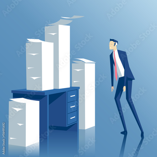 business concept paper work, a tired businessman looking at the office desk with stacks of paper, tired employee looks at the pile of papers on his table