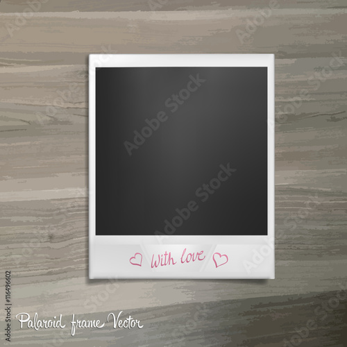 Polaroid frame lies on a wooden table. Photo template with shadow effect. Vector illustration