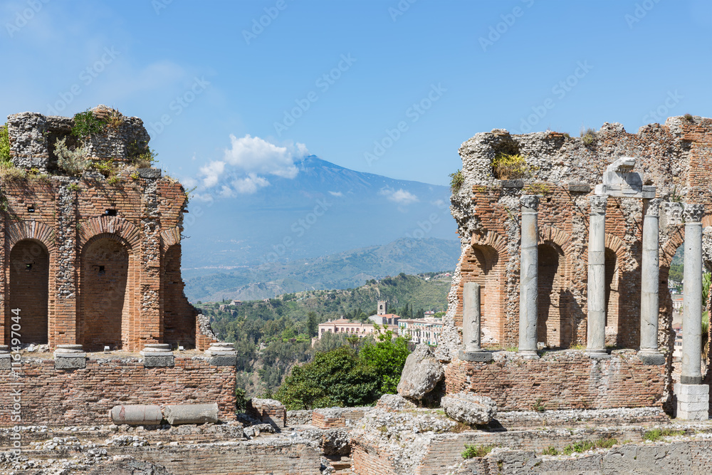 Greek theater Taormina city with a panorama at the Etna, Sicily