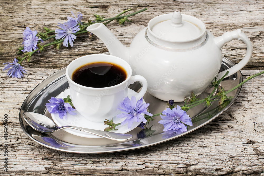 Drink from chicory and blooming chicory Drink from chicory and blooming chicory