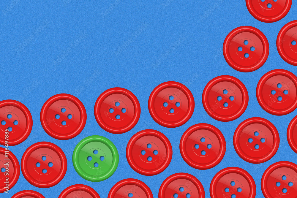 Fototapeta premium green button amongst group of red Buttons - Make a difference co