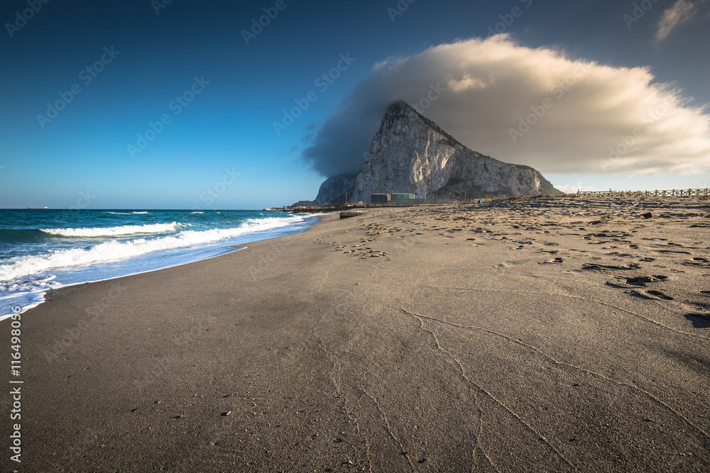 The Rock of Gibraltar from the beach of La Linea, Spain
