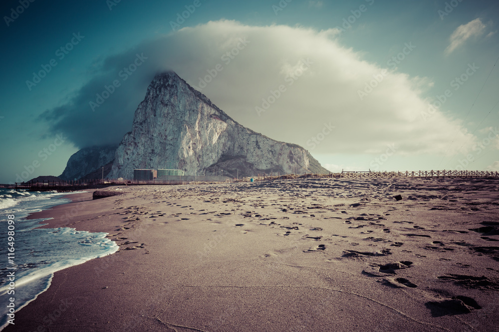 The Rock of Gibraltar from the beach of La Linea, Spain