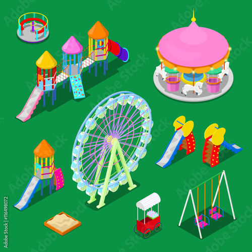 Isometric Children Playground Elements Sweengs, Carousel, Slide and Sandbox. Vector illustration