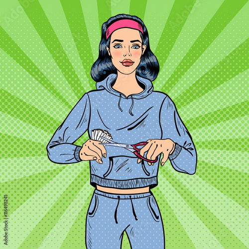 Sporty Fit Woman Cutting Cigarettes with Scissors. Healthy Lifestyle. Pop Art. Vector illustration