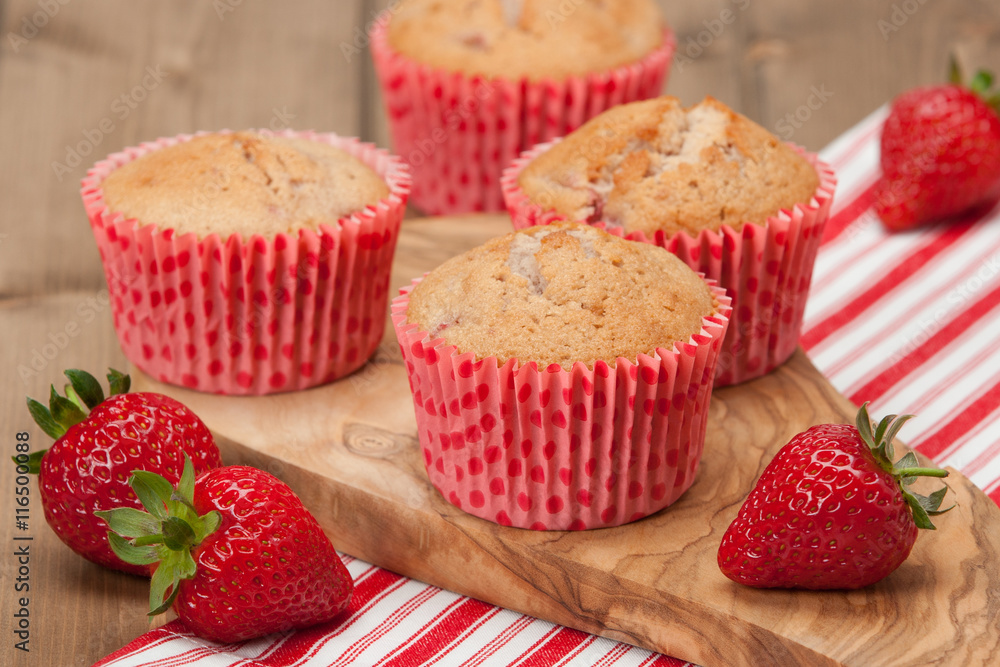 Homebaked Strawberry Cupcakes In Paper Cases. Strawberries. Oliv