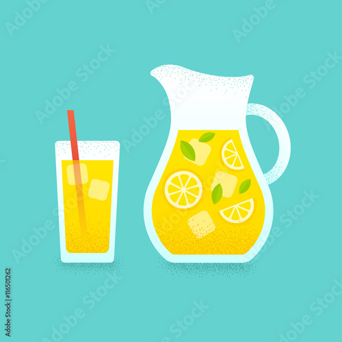 Lemonade pitcher and glass illustration.