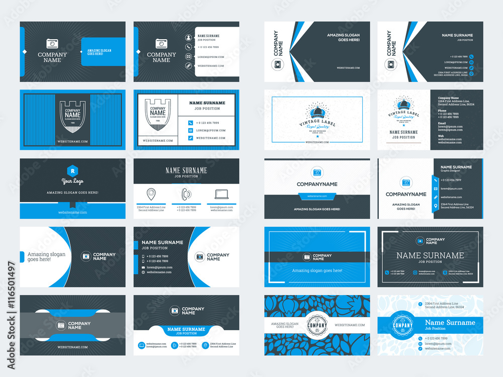 Set of modern creative business card templates. Blue and black colors. Flat style vector illustration. Stationery design