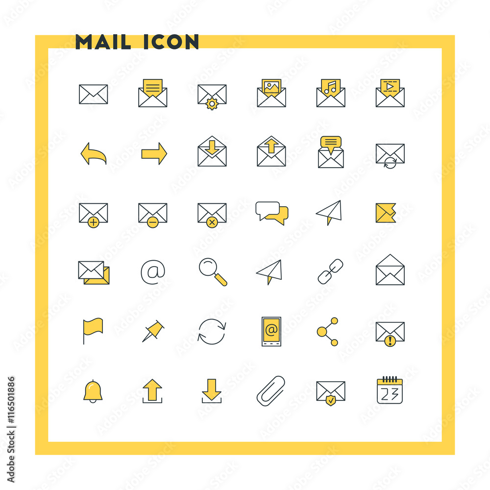 Email flat design icon set. Envelope, link, download, calendar, send