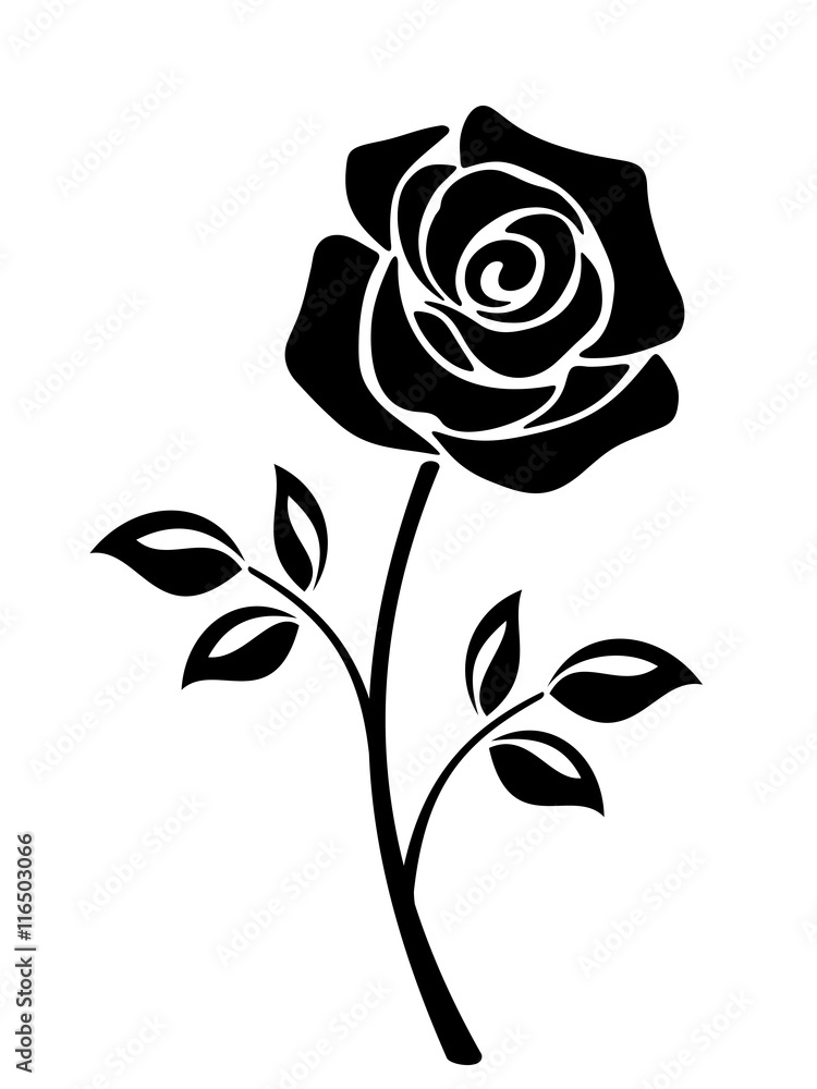 Obraz premium Vector black silhouette of a rose flower with stem isolated on a white background.