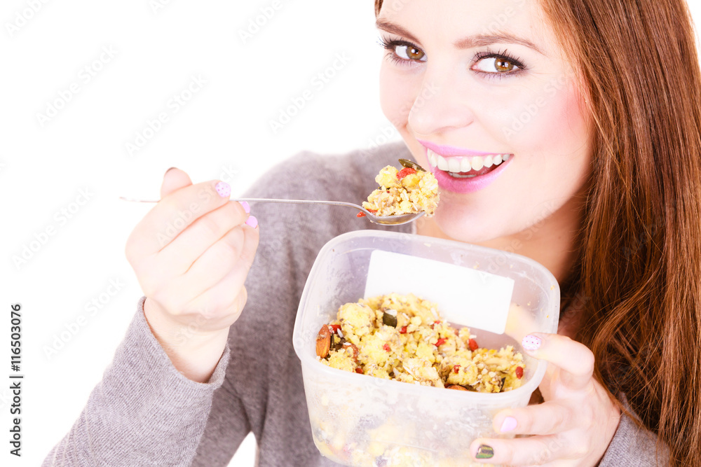 Woman eat oatmeal with dry fruits. Dieting Woman eat oatmeal with dry fruits. Dieting