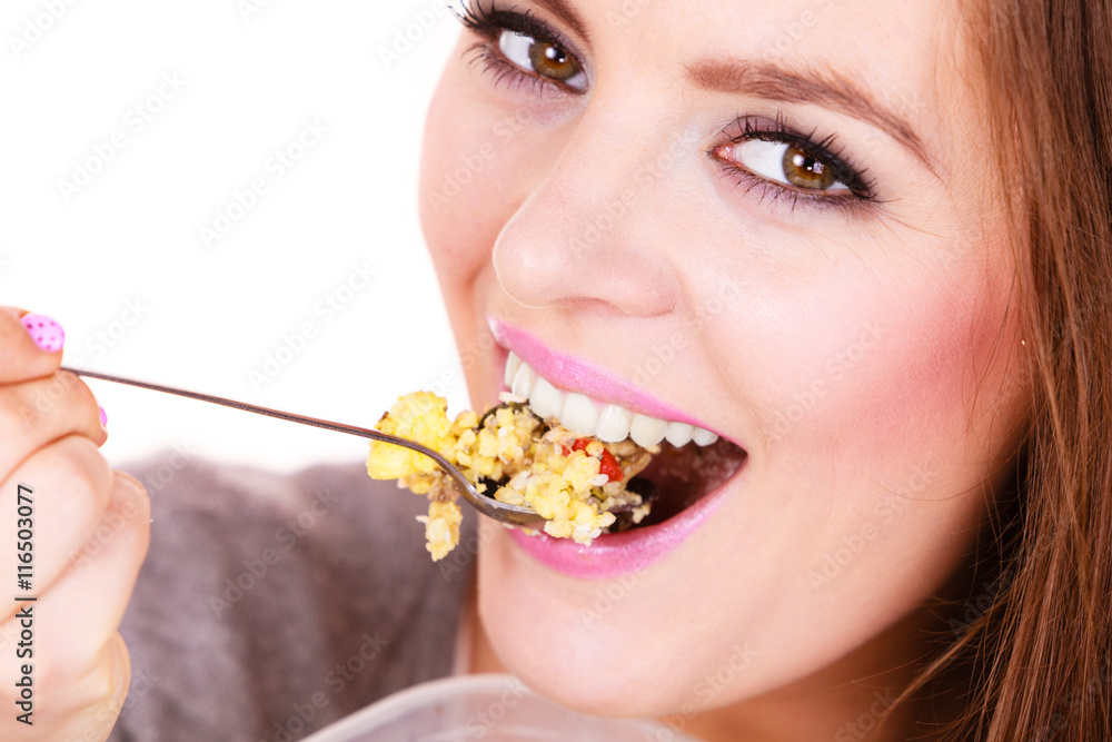 Woman eat oatmeal with dry fruits. Dieting Woman eat oatmeal with dry fruits. Dieting
