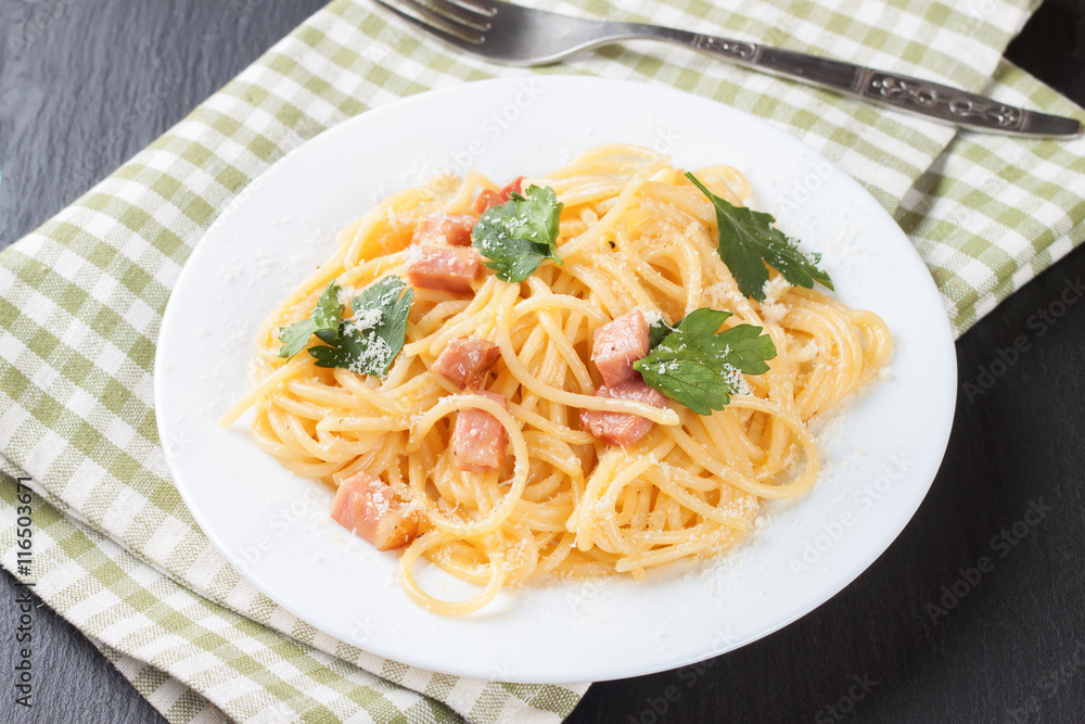 Pasta Carbonara in white plate. Pasta Carbonara in white plate.
