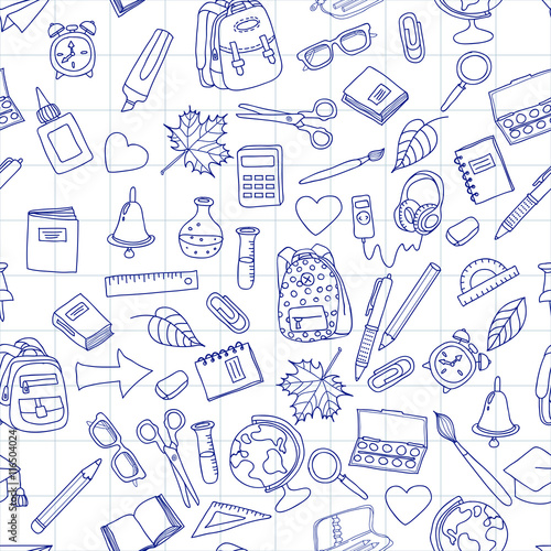 Vector seamless pattern with doodle school tools. Hand drawn school icons. Ba...