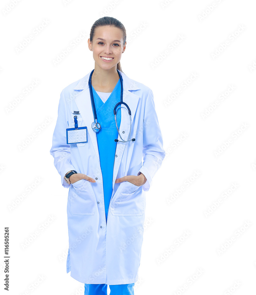 Beautiful young woman in white coat posing with hand in pocket. Beautiful young woman in white coat posing with hand in pocket.
