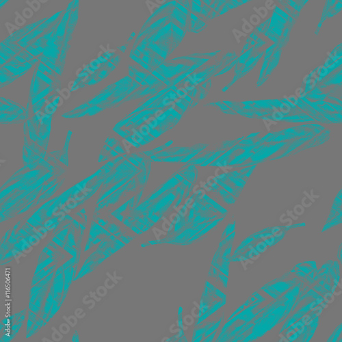 Tropical foliage seamless pattern. Colorful watercolor leaves of exotic Calathea Whitestar plant  teal on grey background  blended effect. Textile print.