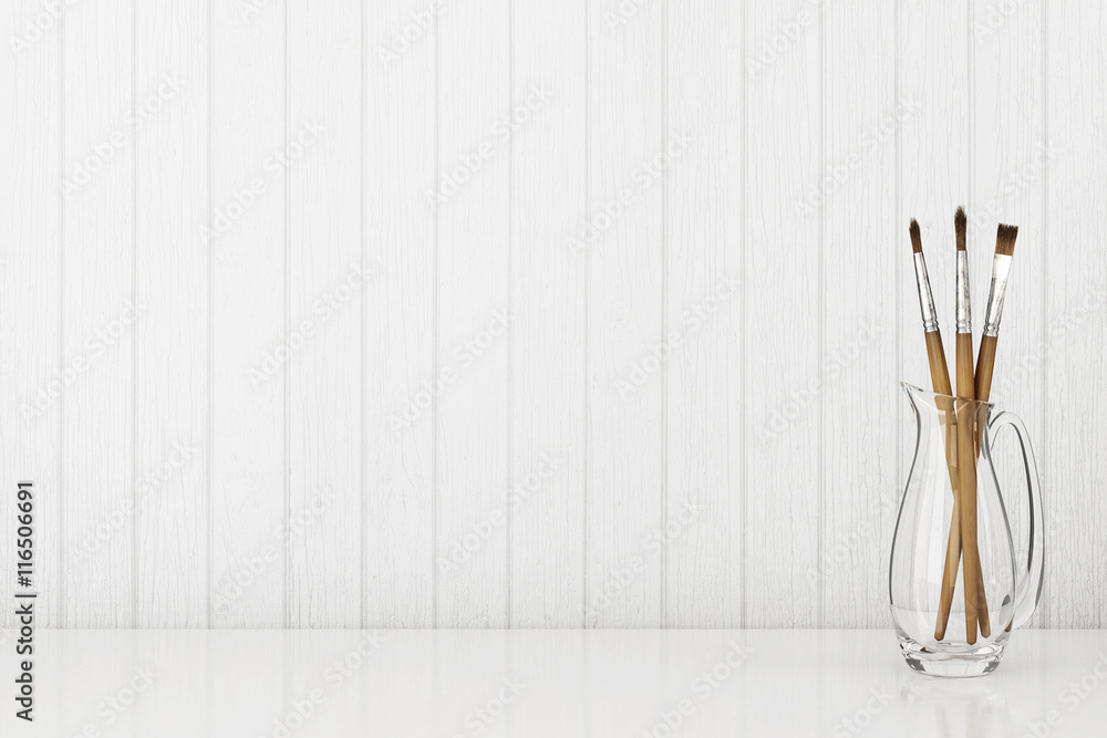 Interior background with art brushes in glass jug on empty white wooden wall. 3D rendering. Interior background with art brushes in glass jug on empty white wooden wall. 3D rendering.