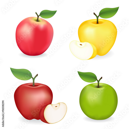 Apples, Pink Lady, Granny Smith, Red and Golden Delicious varieties, fresh, natural, ripe, orchard garden fruit isolated on a white background.