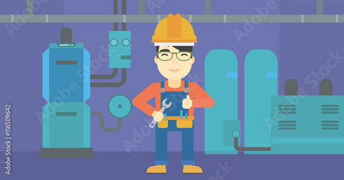 Cheerful repairer with spanner.