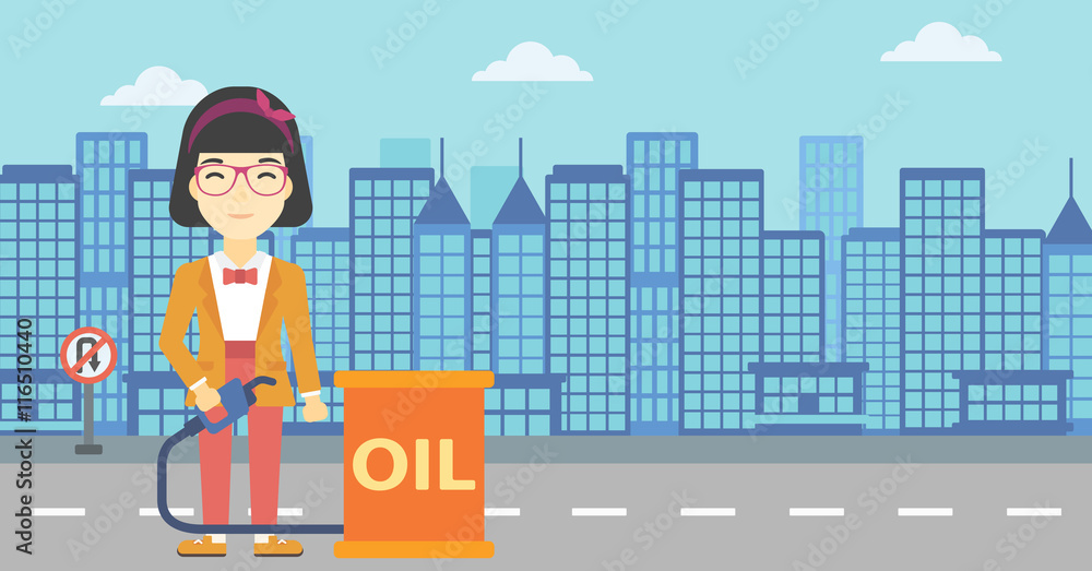 Woman with oil barrel and gas pump nozzle. Woman with oil barrel and gas pump nozzle.