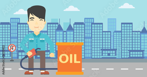 Man with oil barrel and gas pump nozzle.