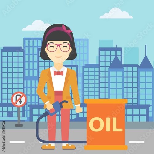 Woman with oil barrel and gas pump nozzle.