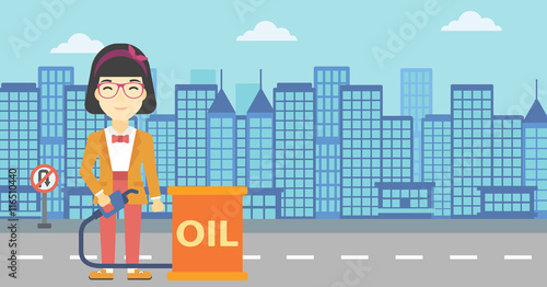 Woman with oil barrel and gas pump nozzle.