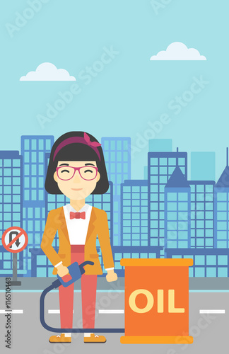 Woman with oil barrel and gas pump nozzle.