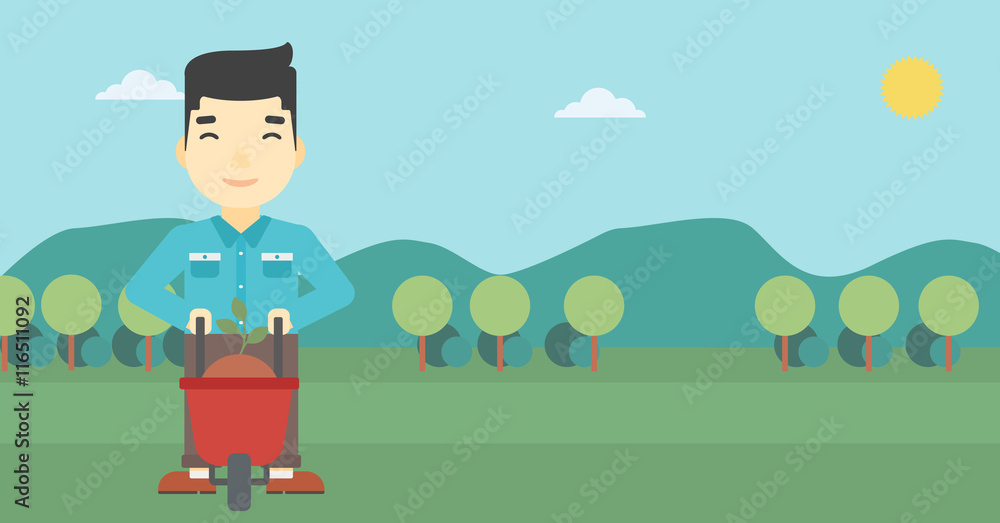 Man with plant and wheelbarrow. Man with plant and wheelbarrow.