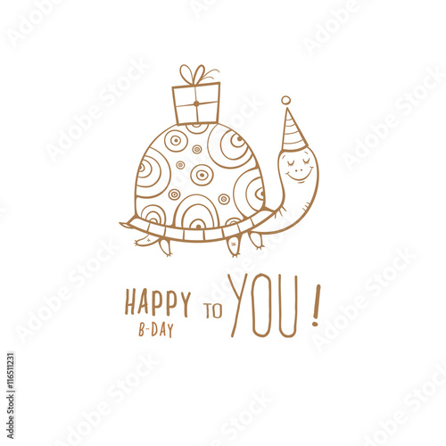 Birthday greeting card with cute cartoon turtle un party hat. Box with a gift. Funny animal. Children's illustration. Vector contour image no fill.