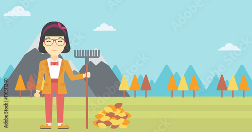 Woman raking autumn leaves vector illustration.