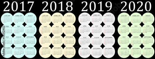 Four year vector calendar - 2017, 2018, 2019 and 2020