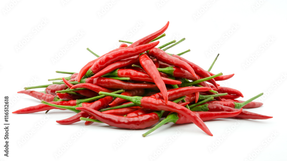 Stack of hot chili pepper or small chili padi, isolated on white