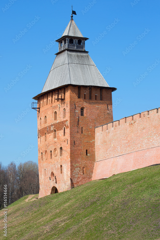 The tower of the Novgorod Kremlin, sunny april day. Veliky Novgorod, Russia