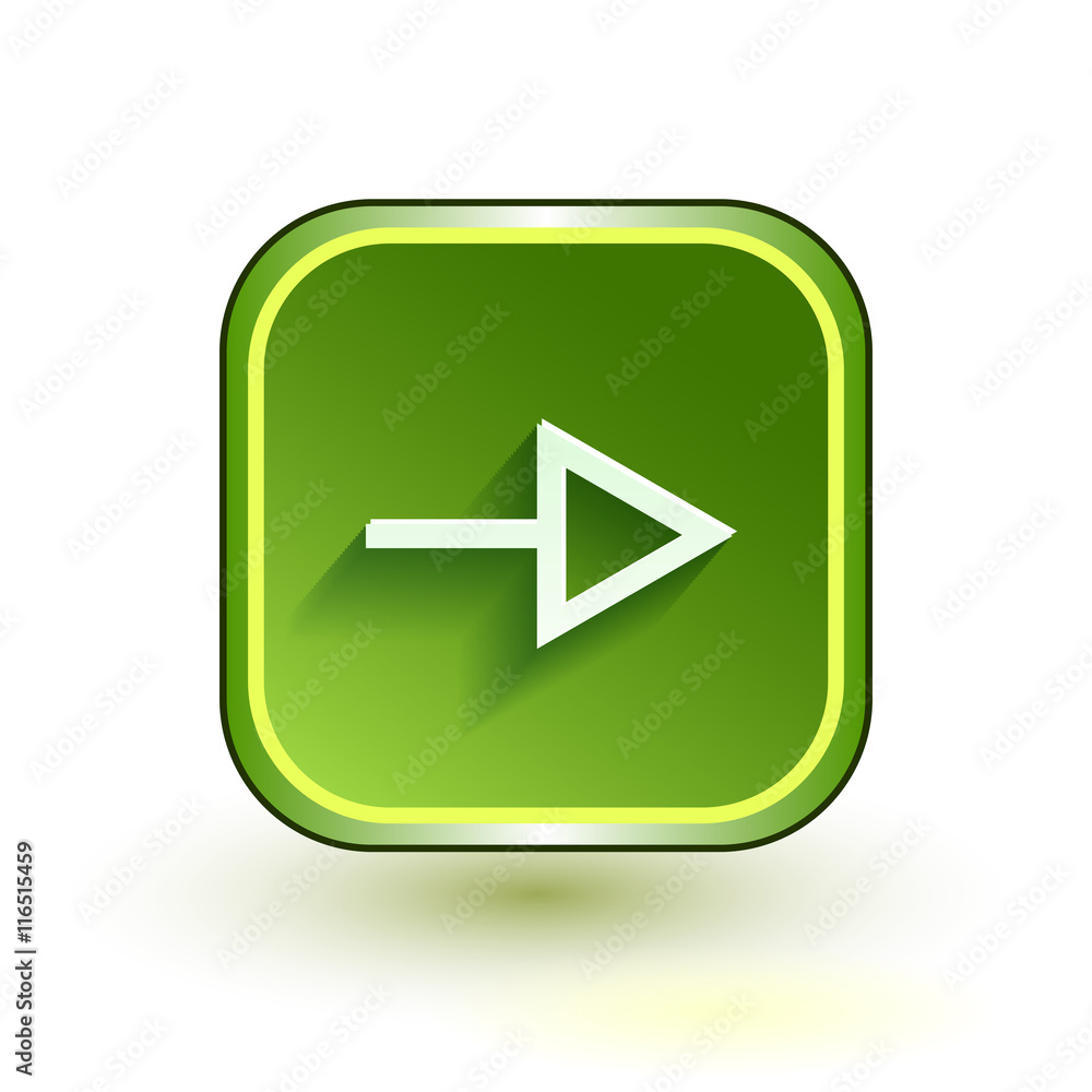 Green web button with arrow right sign. Rounded square shape icon with shadow on white background. Vector illustration. Green web button with arrow right sign. Rounded square shape icon with shadow on white background. Vector illustration.