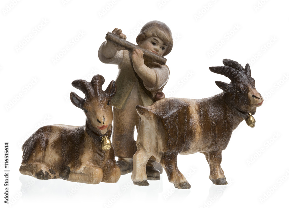 Obraz premium Hirtenknabe mit Ziegen auf weissem Hintergrund
