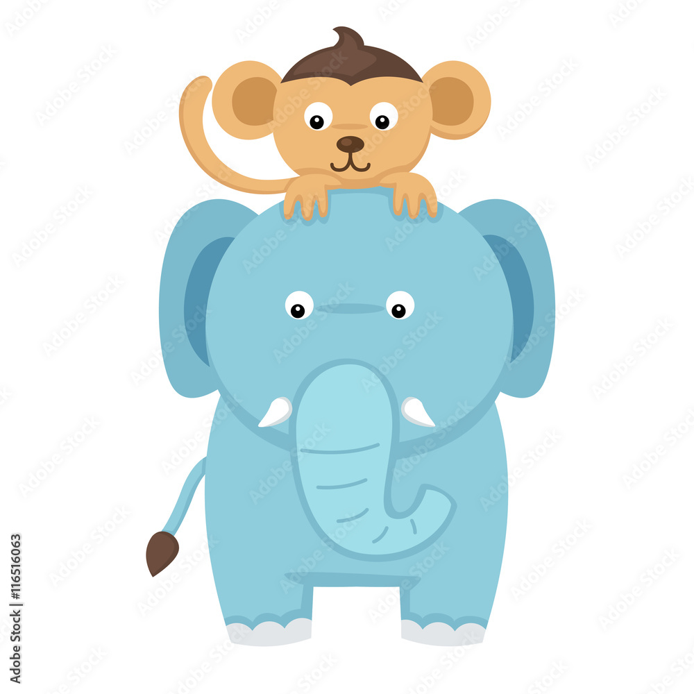 illustration of isolated  elephant with monkey